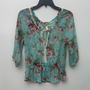 Abercrombie & Fitch Floral Tie Front Top Size Small Blue Pink Elastic Waist